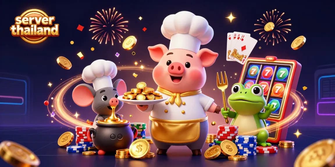 Experience the thrill of server thailand with dynamic casino action featuring golden coins, slot reels, and lively characters.