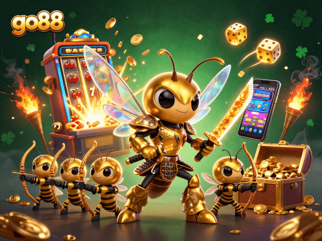 Experience the excitement of go88 with a golden hornet samurai amidst dazzling casino elements.