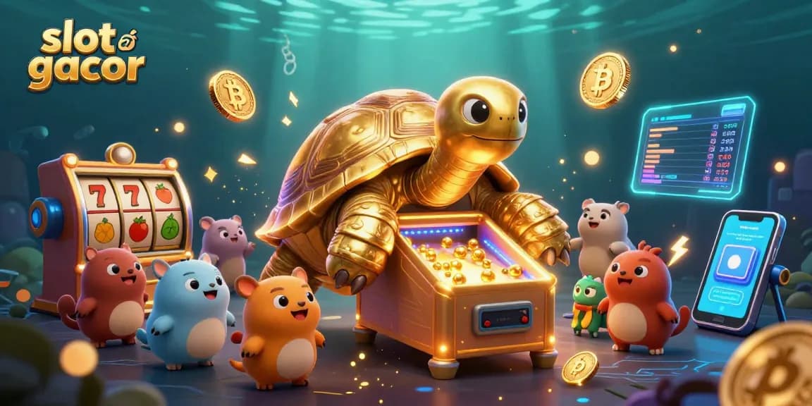 Experience slot gacor excitement with vibrant 3D illustration of a golden tortoise pinball machine.