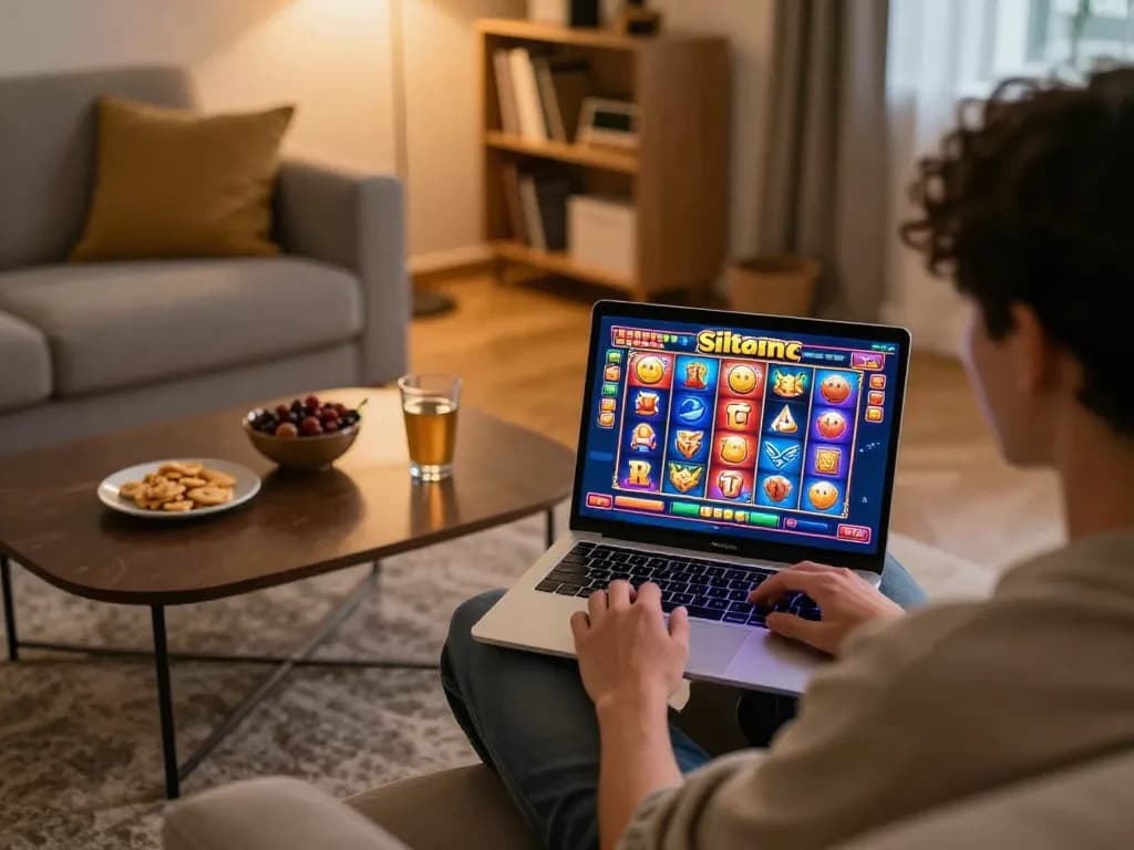 Player engaging with exciting situs slot game online from cozy home setting, showcasing vibrant graphics.
