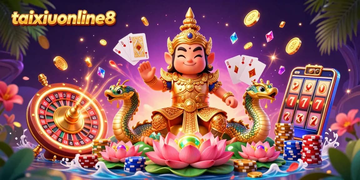 Experience thrilling Tài Xỉu gameplay with taixiuonline8's vibrant casino elements and characters.