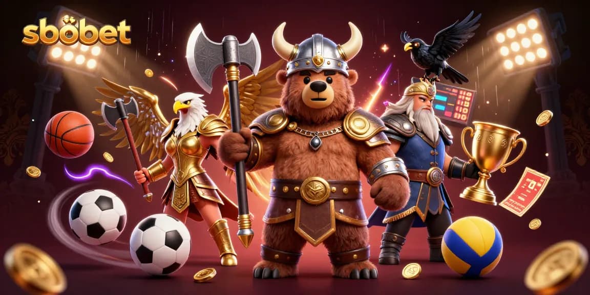 Engage in sbobet sports betting with a Viking bear and Valkyrie, surrounded by flying sports elements.