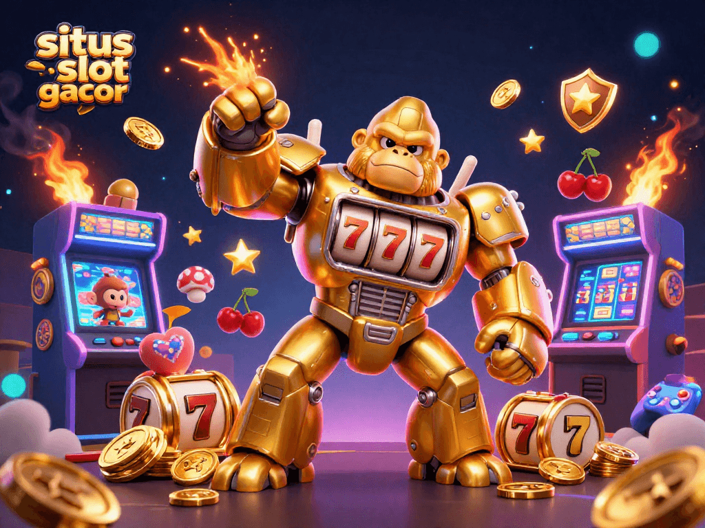 Experience thrilling wins with situs slot gacor, featuring a golden gorilla mech and vibrant slot elements.