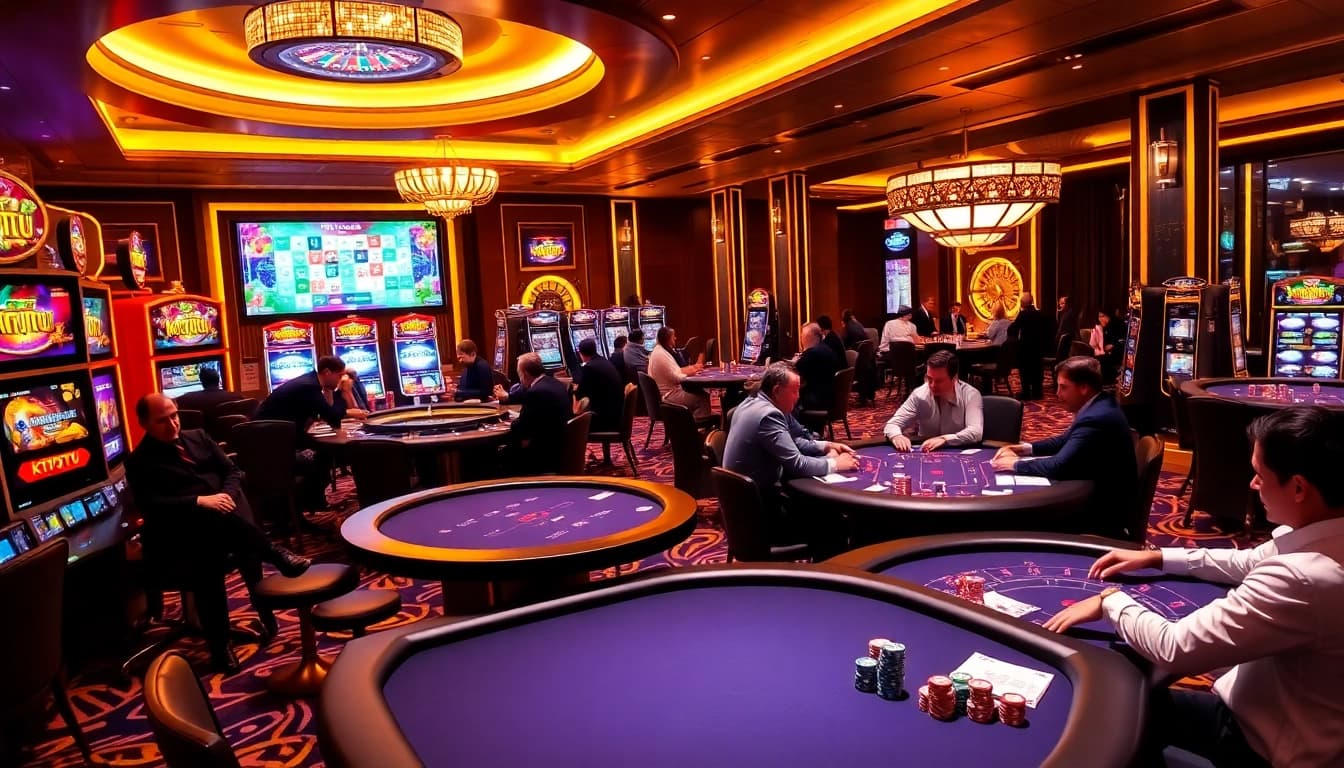 Engaged players enjoying KTPJITU slot machines amidst a luxurious casino atmosphere.
