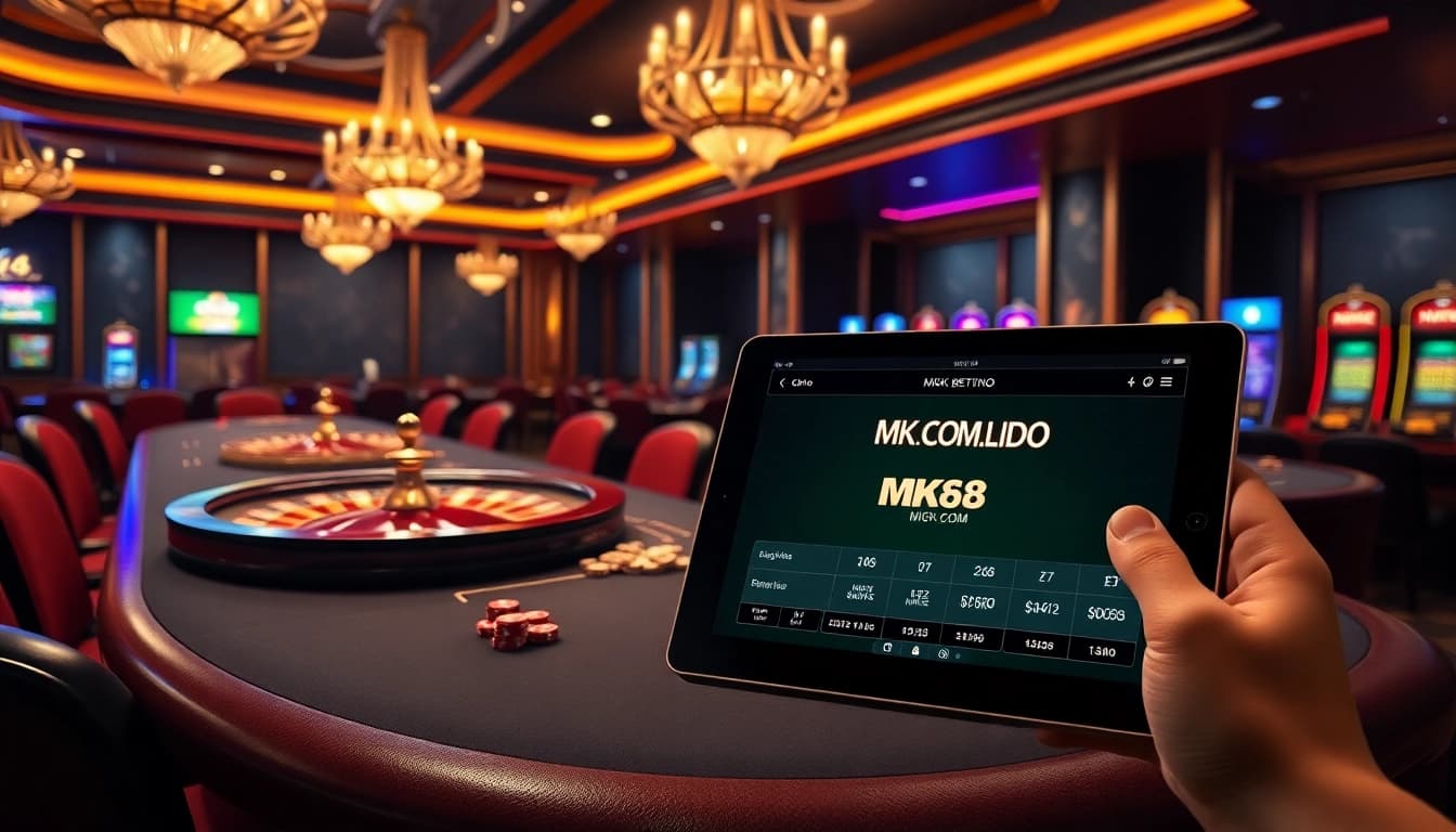Experience the excitement of gambling at MK8.COM through an elegant casino scene with engaging game elements.