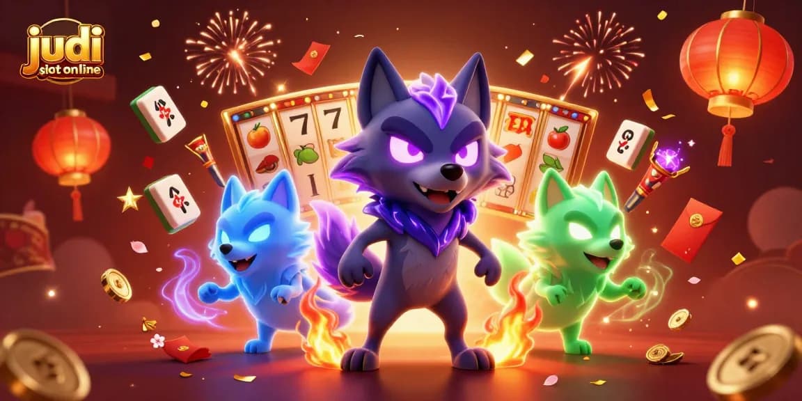 Permainan judi slot online dihadirkan dengan karakter serigala, slot reel, dan koin berkilauan.