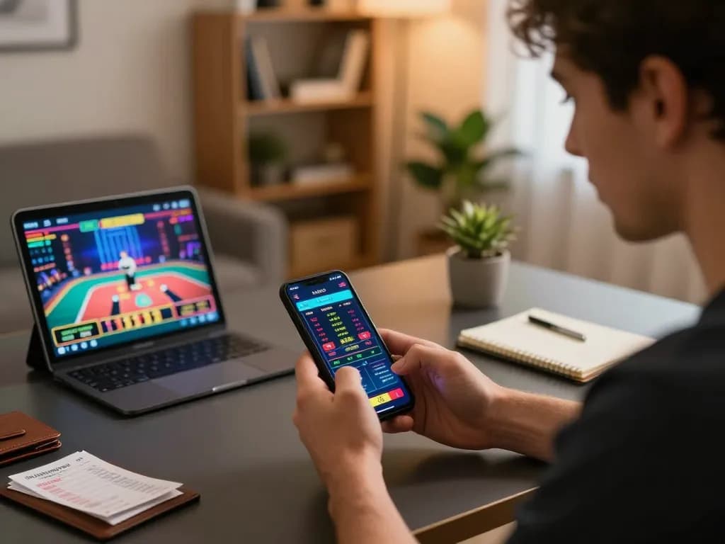 Player analyzing mobile gambling app in strategic gaming session with casinosscope focus