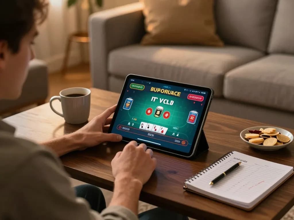 Player enjoying blackjack on tablet while gaming at home, demonstrating the fun of 789club.