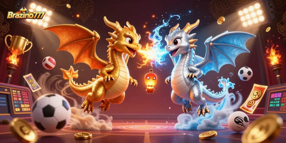 Brazino777 showcases thrilling action with dragons and dynamic sports elements in a vibrant casino atrium.