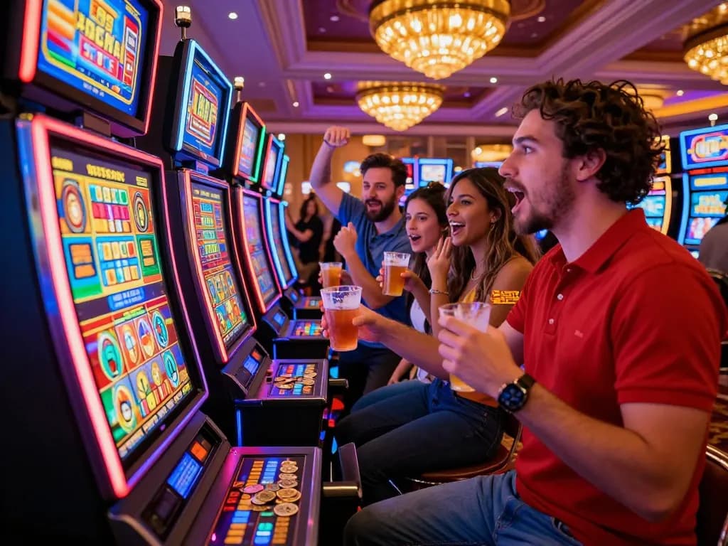 Sekelompok orang menikmati malam di kasino Las Vegas bermain link slot, suasana yang cerah dan penuh kegembiraan.