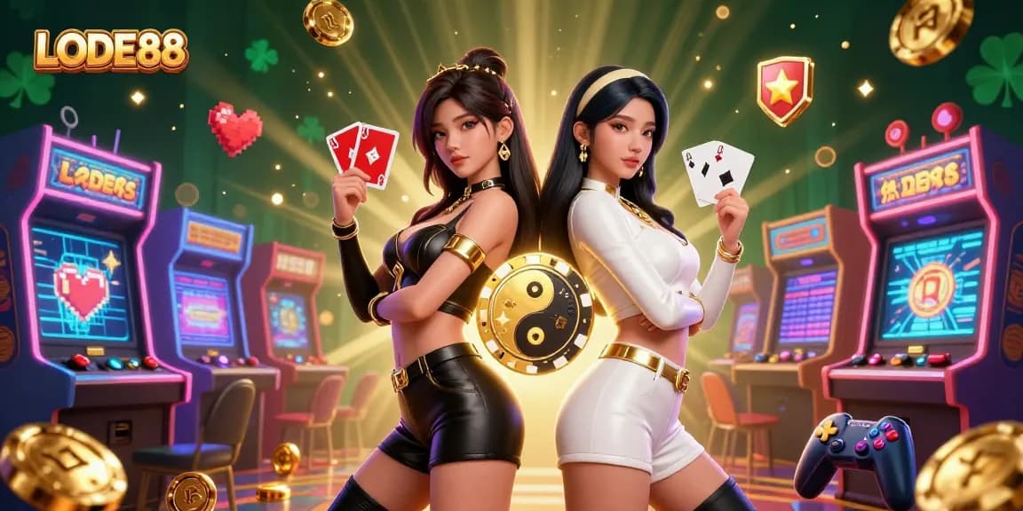 Experience LODE88's thrilling gaming adventures with twin women showcasing casino excitement in a vibrant 3D scene.