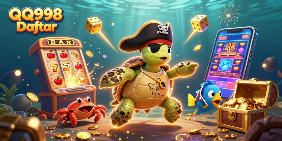 Engage with QQ998 Daftar's colorful gaming adventure featuring dynamic 3D pirate turtle and treasure elements.