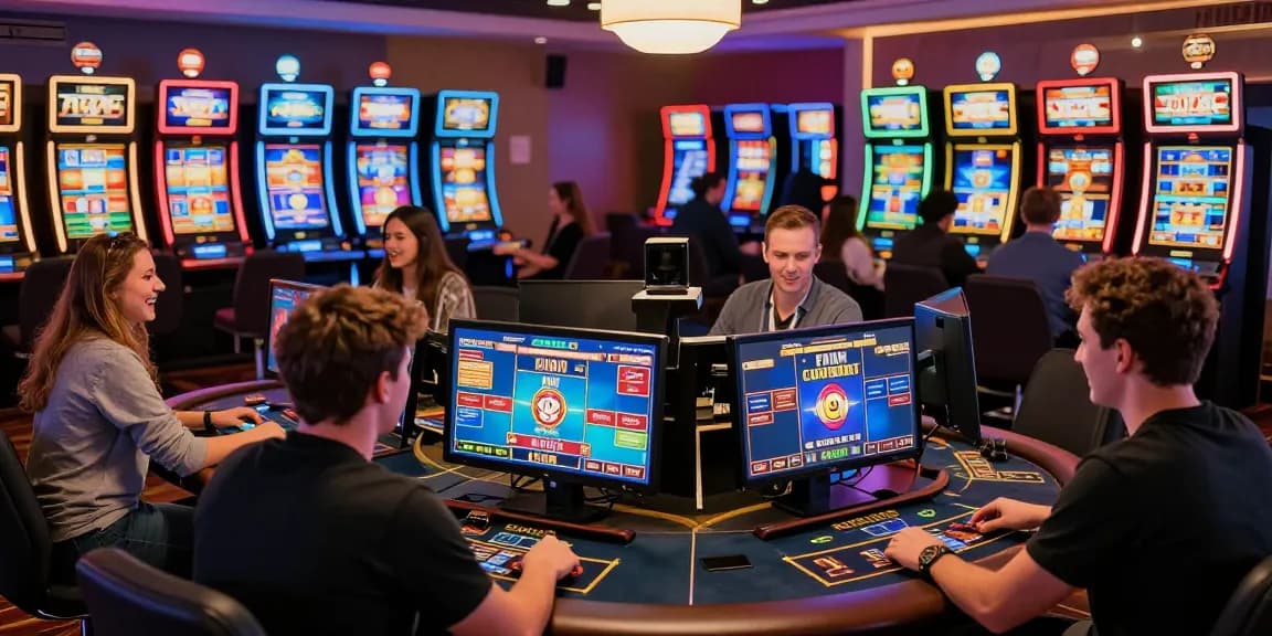 Exciting gaming scene at credit card casinos like https://fimltd.co.uk showcasing players, vibrant slot machines, and diverse gameplay.