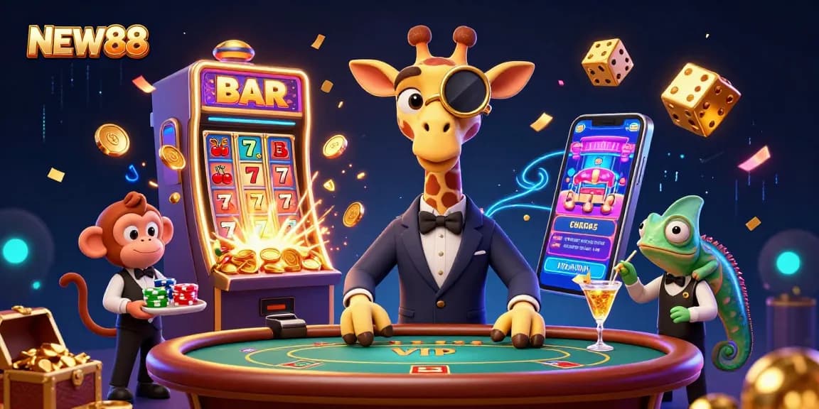 Experience the vibrant world of NEW88 casino with a high-roller giraffe, monkey valet, and chameleon bartender.