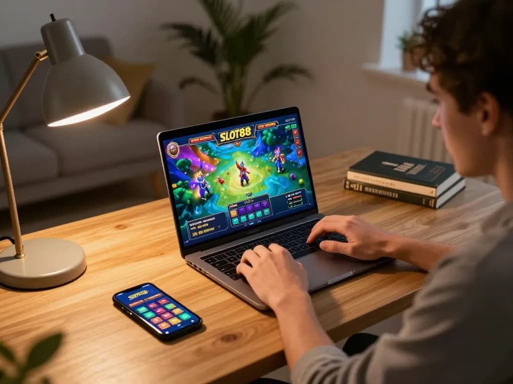 Engaging player enjoying Slot88 gameplay on a laptop with vibrant graphics displayed.