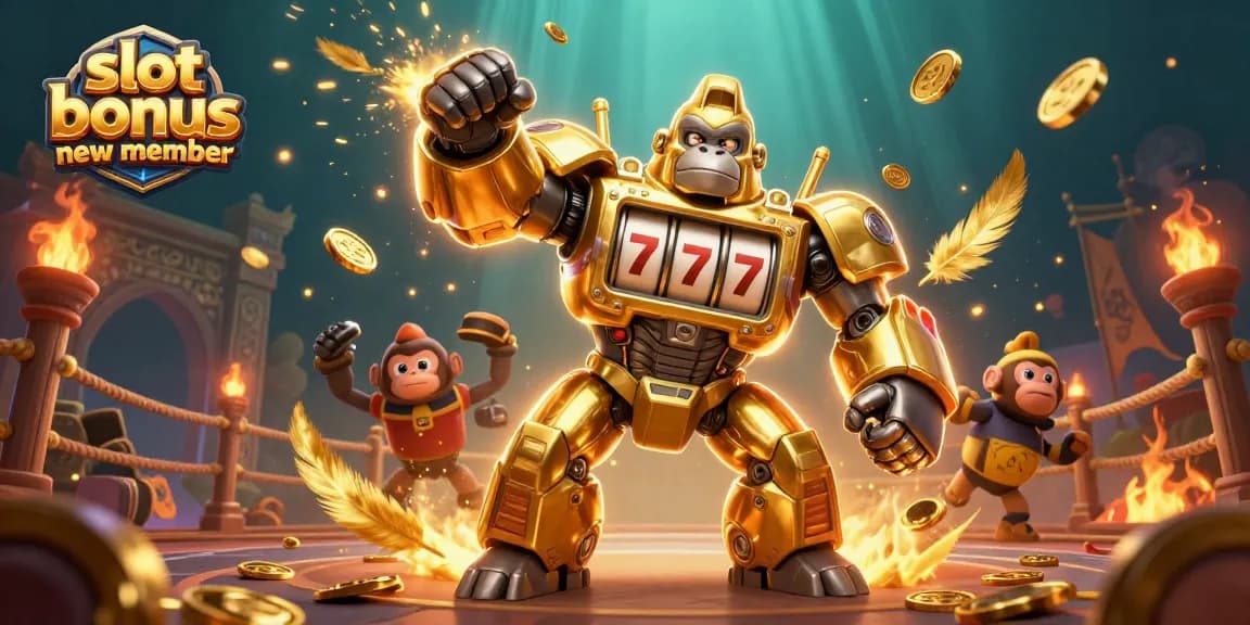 Experience excitement with slot bonus new member in an ultra-detailed gambling scene featuring a golden mech.