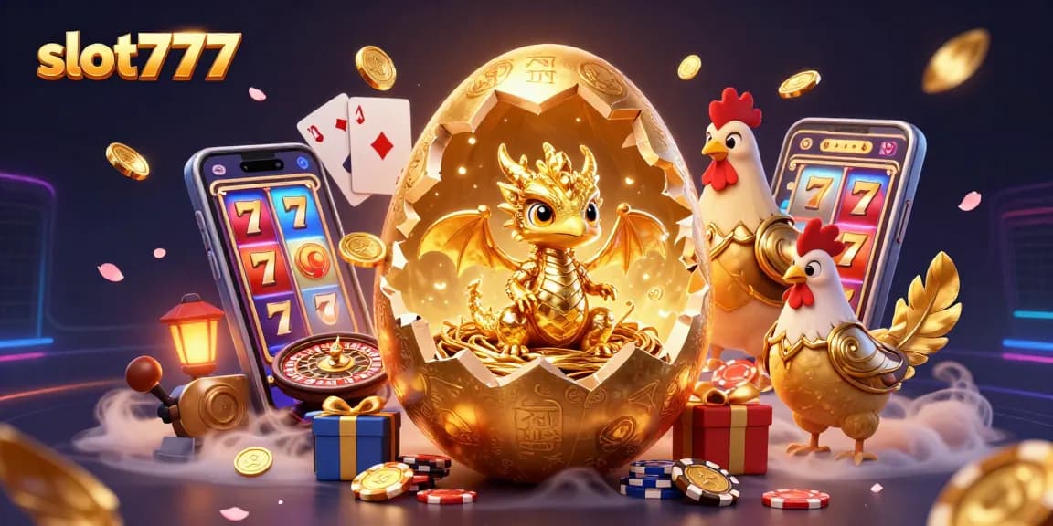 Spin and win at slot777 in this vibrant 3D illustration of a golden dragon and casino elements