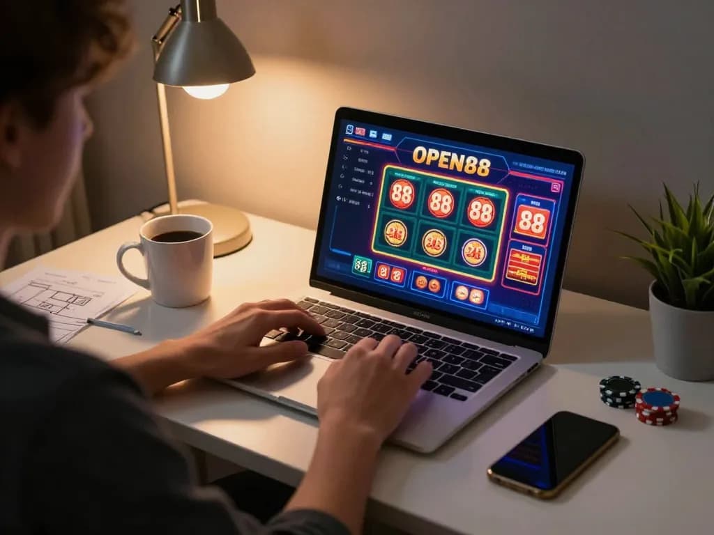 Engaging with Open 88 online casino on a laptop at a cozy desk.