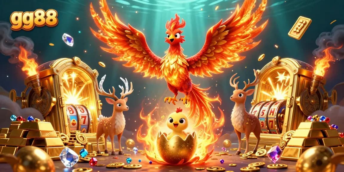 Experience big wins at gg88 with a vibrant casino scene featuring a mythical phoenix and treasures.