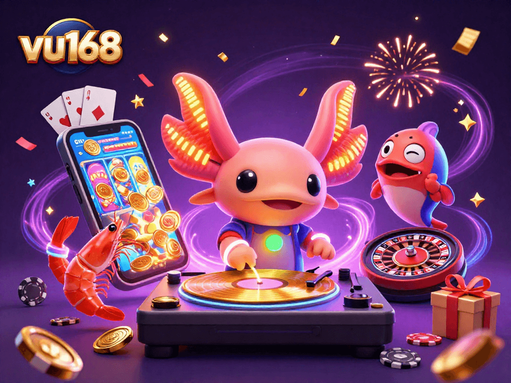 Experience dynamic gameplay with vu168's vibrant casino scene featuring neon characters and exciting slot games.