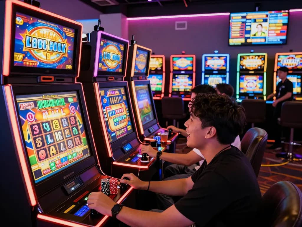 Pemain yang bersemangat di mesin slot online gacor di lounge permainan yang cerah.