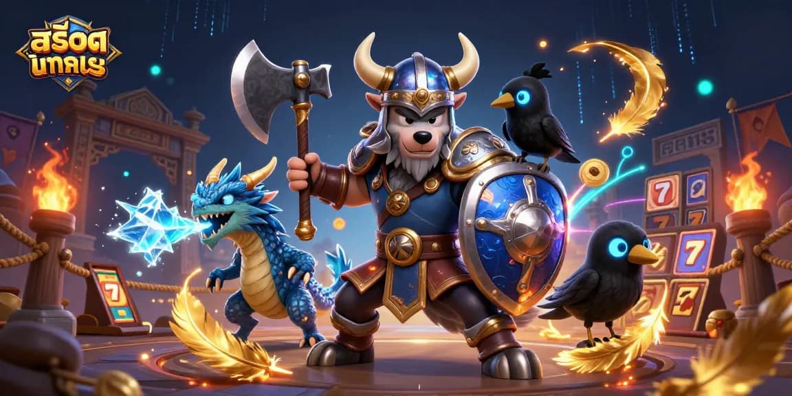 Engage with สล็อตทดลอง in an action-packed 3D illustration featuring Viking warriors and dragons at a vibrant slot arena.
