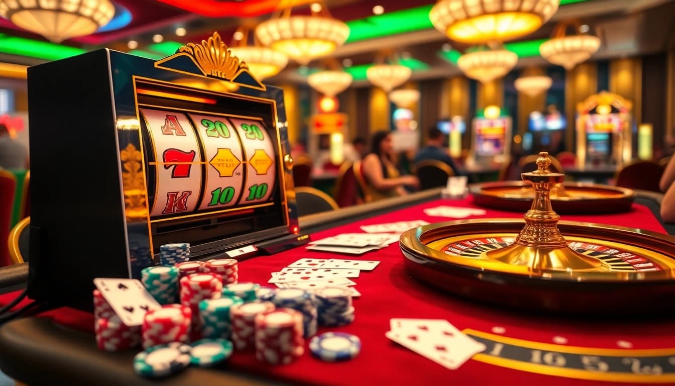 Experience thrilling gameplay with slot online terpercaya featuring luxury slot machines, poker chips, and roulette wheels.