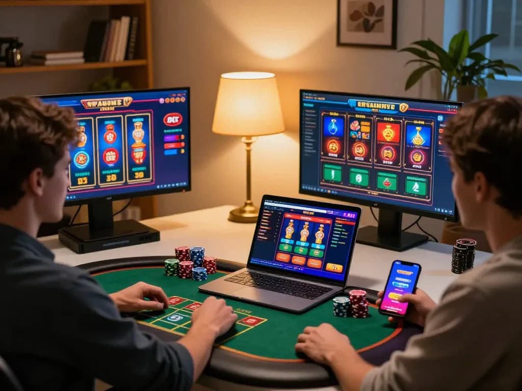 Engaging online gaming experience at ATQ with multiple screens featuring casino games and a cozy setup.
