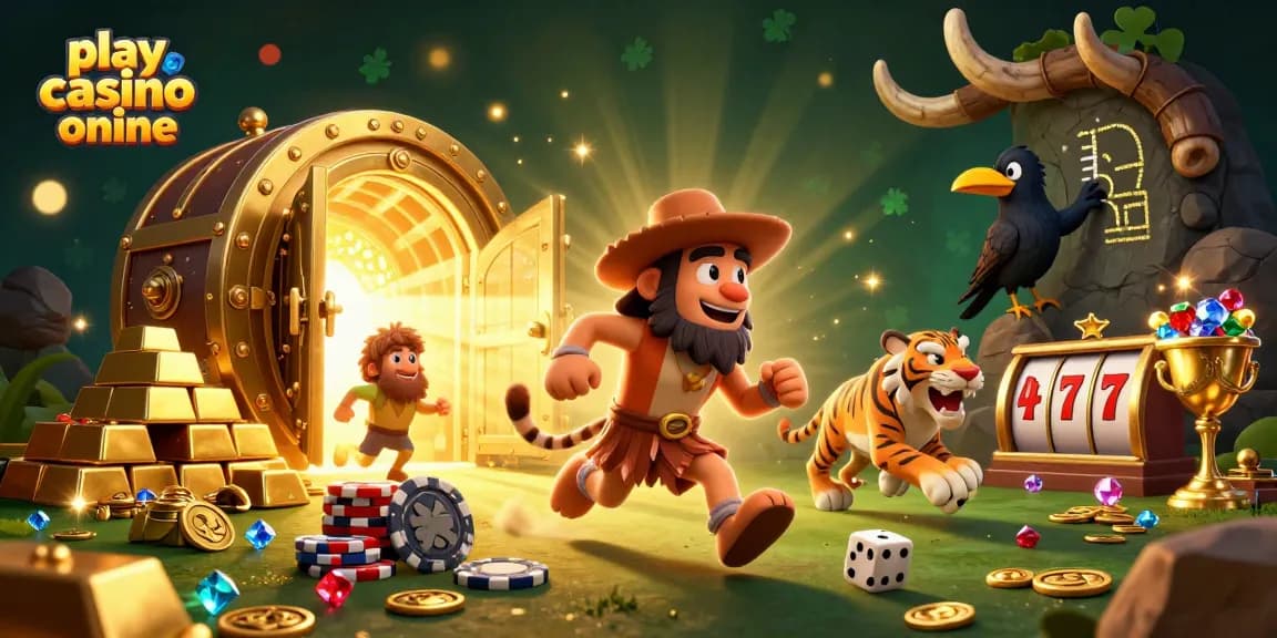 Play casino games online with cavemen and sabertooth tigers in a prehistoric gambling scene.