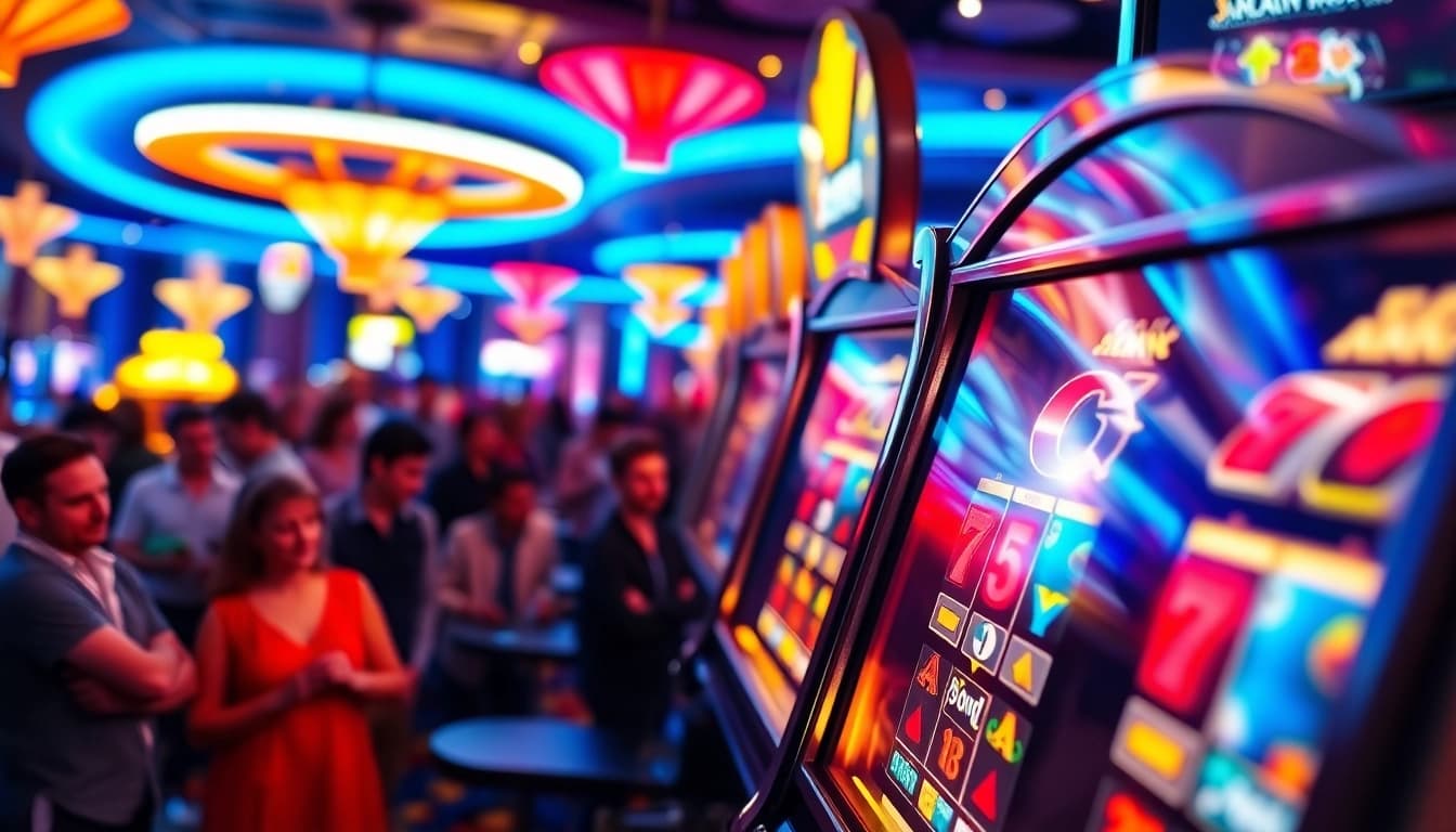 Menangkan Slot deposit 5000 di mesin slot kasino glamor dengan cahaya neon berkilau.