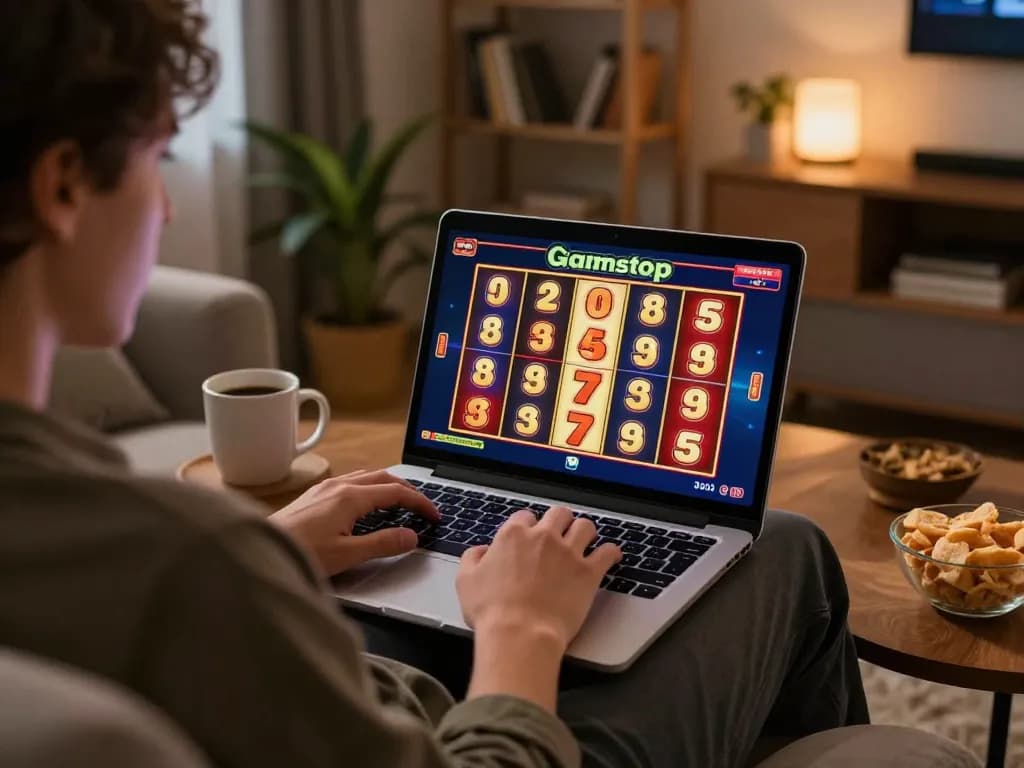 Engaged player winning on slots not on Gamstop while relaxing at home, showcasing online gambling experience.