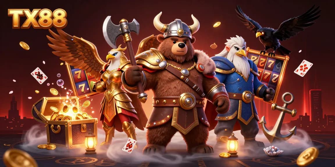 TX88 casino scene featuring a Viking bear and Valkyrie eagle amidst exploding treasure and slot elements.