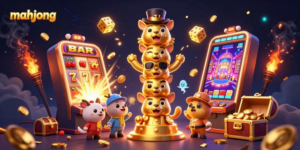 Play mahjong with vibrant symbols and energetic characters in this dynamic casino scene.