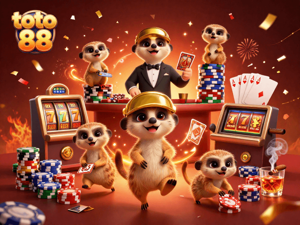 Experience the excitement of toto 88 in a vibrant 3D illustration featuring meerkats engaging in a dynamic casino setting.