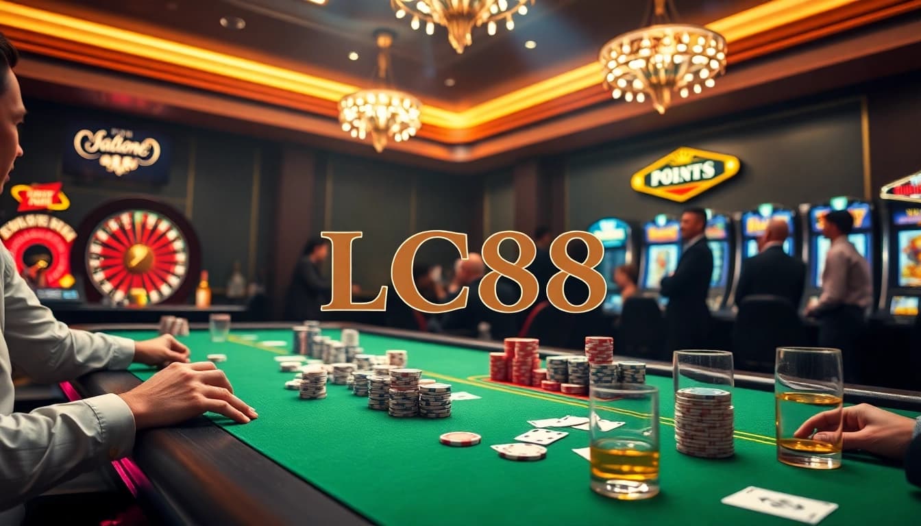 Experience the thrill of LC88 casino with elegant tables, poker chips, and a vibrant atmosphere.