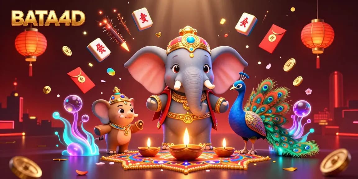 BATA4D menghadirkan ilustrasi kasino digital yang menampilkan gajah bertema Diwali yang berkilauan, merak, dan elemen permainan yang menarik.