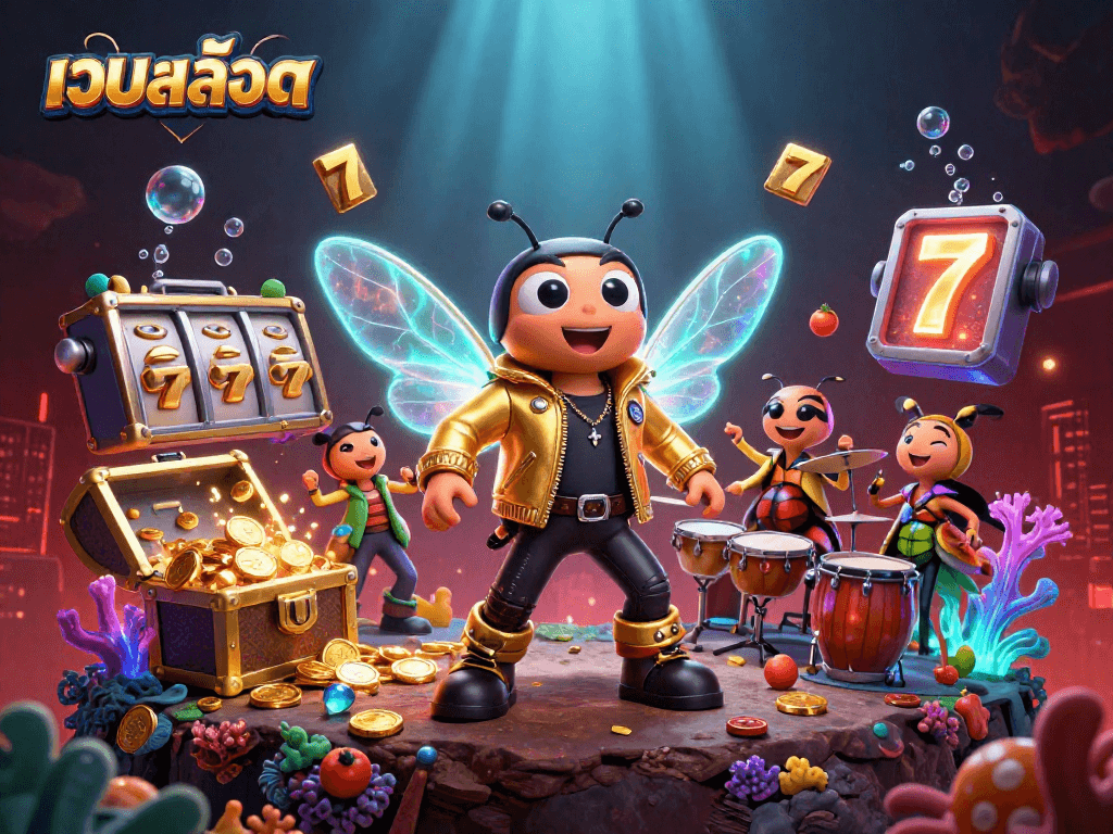 Engaging slot gameplay scene with a cartoon cicada rock star and jackpot elements for เว็บสล็อต.