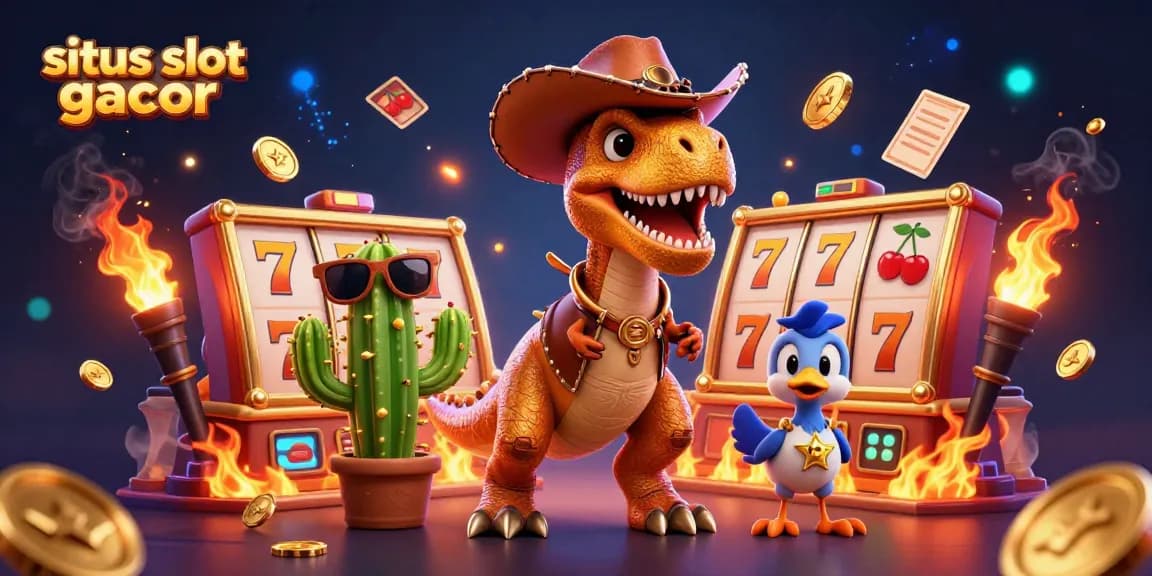 Situs slot gacor showcases a lively 3D cartoon scene with a T-Rex cowboy and vibrant slot game elements.