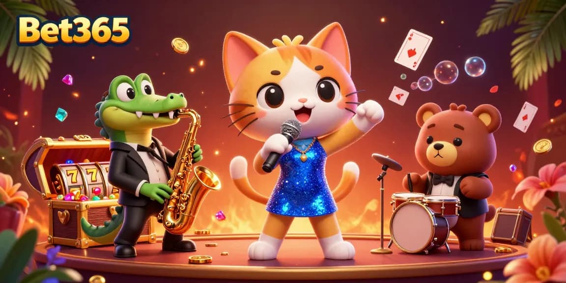Experience thrilling gaming at Bet365 with a vibrant casino scene featuring animated characters and rich symbols.