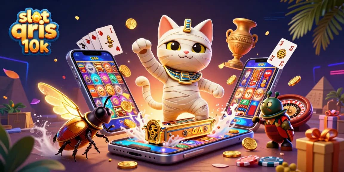 Experience thrilling luck with slot qris 10k in this colorful illustration featuring a mummy cat and casino elements.