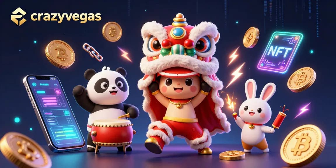 Experience the excitement of crazyvegas with a vibrant 3D casino scene featuring crypto elements and a lion dance.