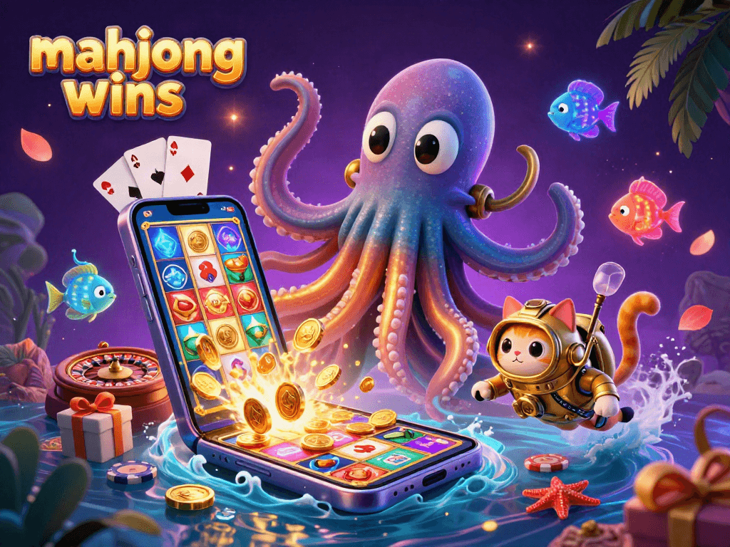 Experience mahjong wins in a vibrant 3D illustration with a kraken, diving cat, and slot game elements.