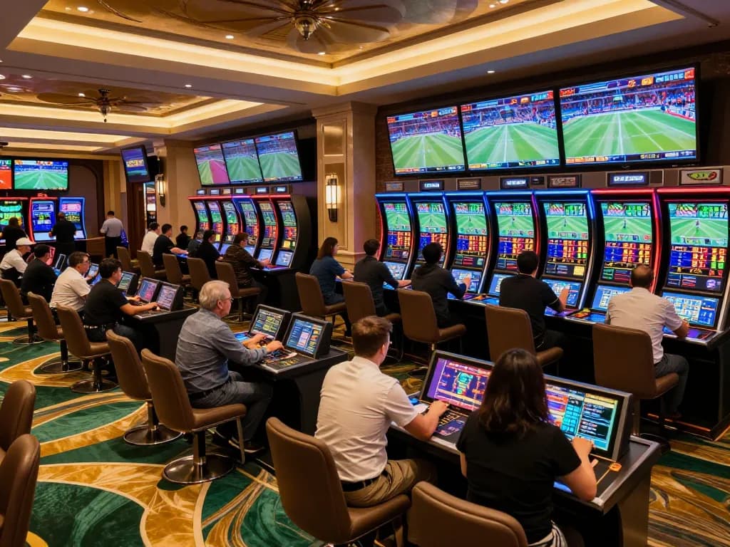 Excited bettors engaging in god55 sports betting at a vibrant casino.