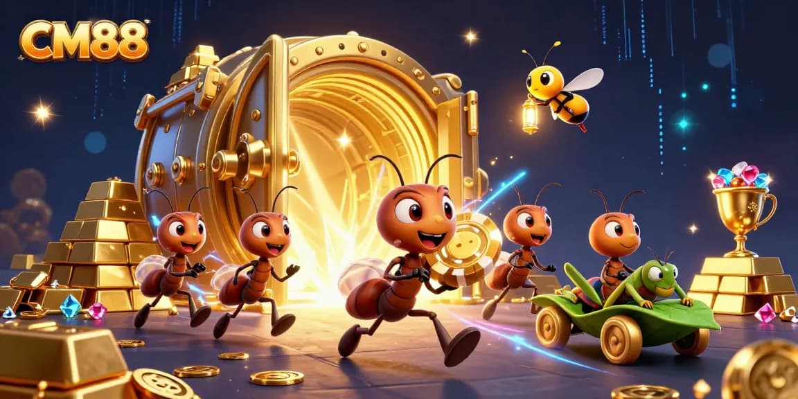 Engage with CM88's thrilling adventure featuring ants heisting a giant poker chip amid dazzling treasures.