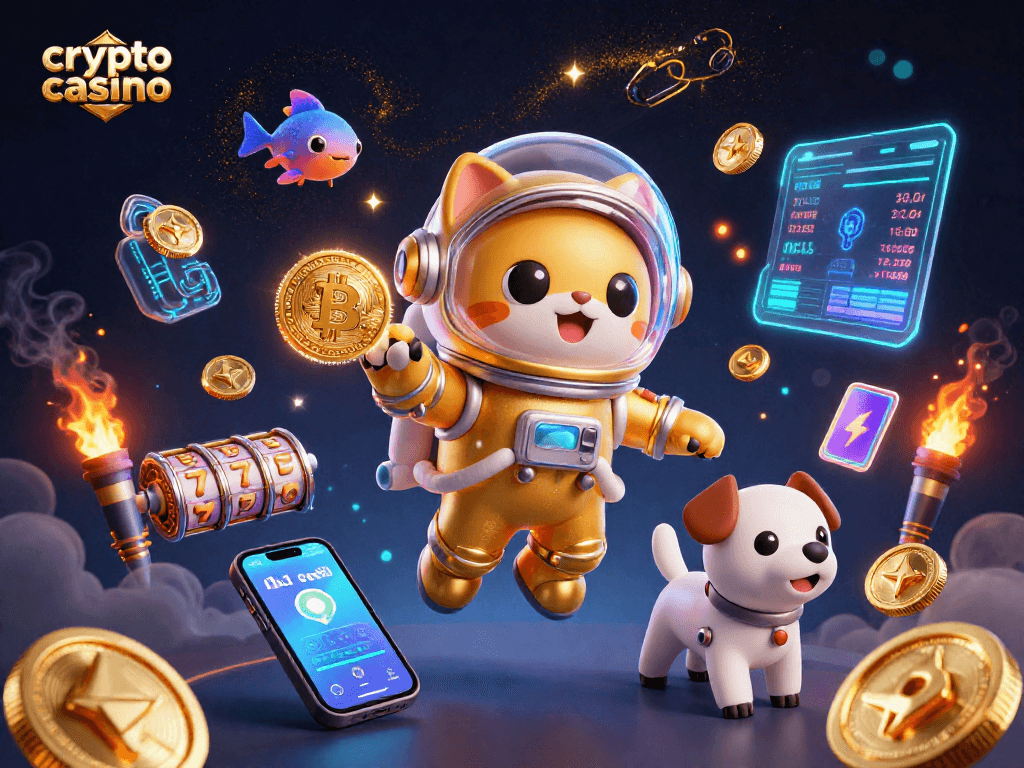 Engage with a vibrant crypto casino scene featuring characters exploring the cosmic world of cryptocurrency gaming.