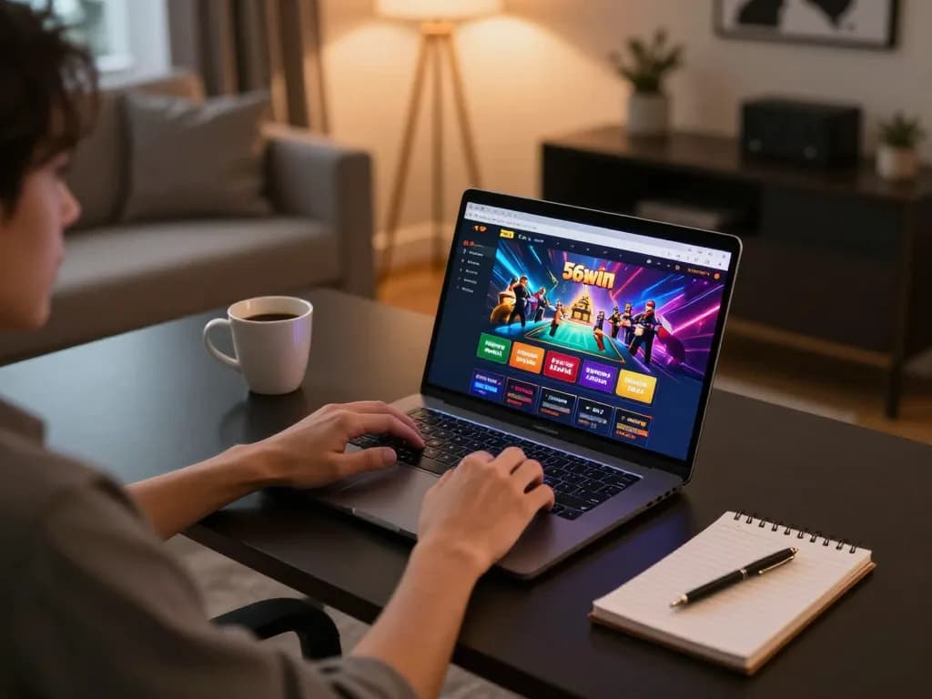Player engaging with the 56win online casino, showcasing vibrant gameplay on a laptop.