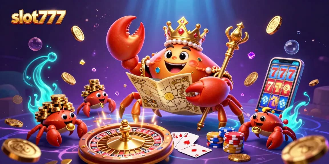 Engage with slot777's vibrant gambling scene featuring a golden crab emperor amid dazzling casino elements.