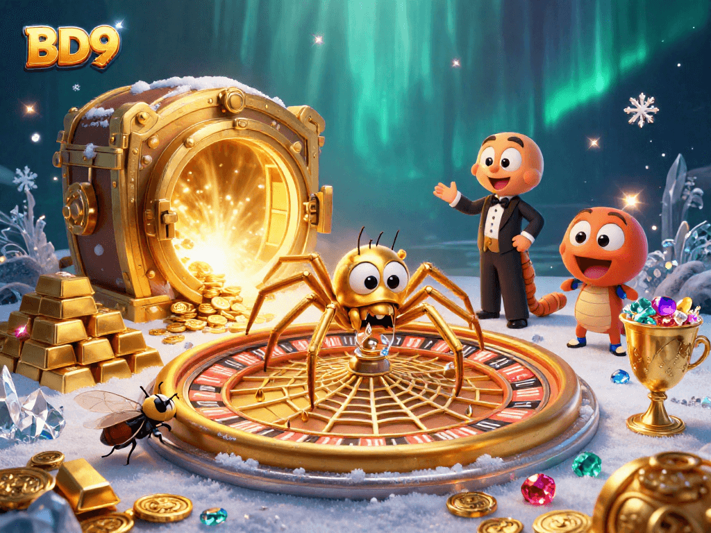 Experience thrilling wins at BD9 with a golden roulette web spinning excitement.