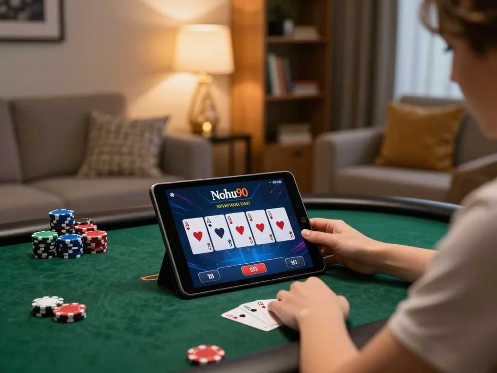 Nohu90 user engaged in online poker game, showcasing strategic gameplay environment in a cozy home setting