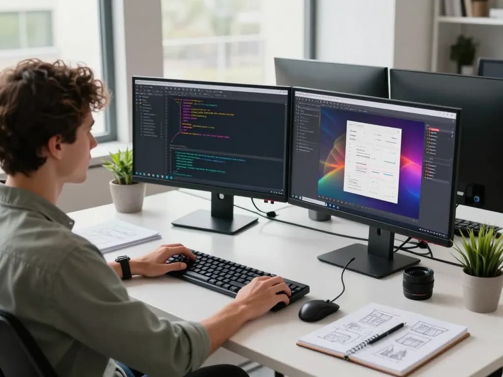 OpenClaw's software developer working in a modern office with dual monitors showcasing code and interface design.